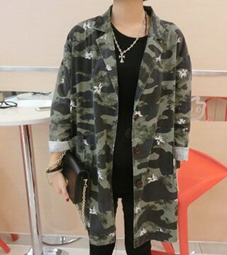 秋冬新款女裝 2014새로운街頭小西裝中長款外套女 歐美街頭時尚迷彩西服女(單色迷彩)