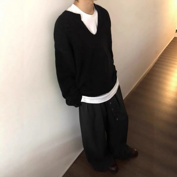 高貨 「羊毛混紡」V領套頭毛衣男秋冬季慵懶風色紡cleanfit針織衫鑫弘-衣錦男裝