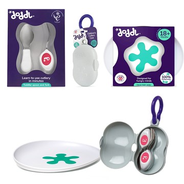 英國doddl秒拾餐具 - 人體工學學習餐具 適合18個月以上, 草莓紅, 餐具*2+飛碟餐盤+攜帶盒, 1組