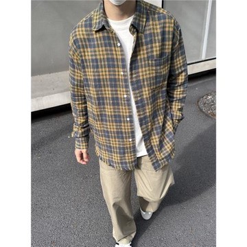 麻飯同學 美式復古通勤休閑磨毛格子襯衫毛邊寬松長袖外套男女