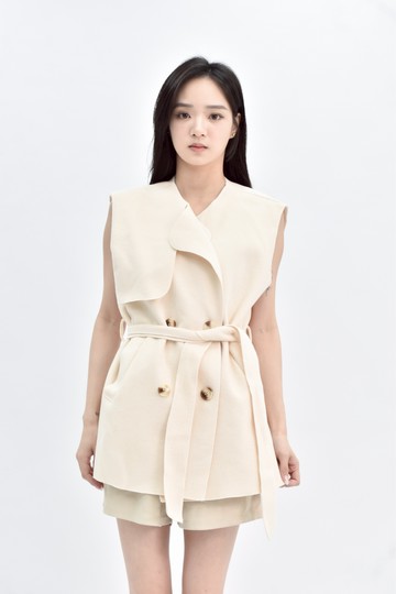 (L) s m design fahsion 黃色無袖不織布米綁帶外套