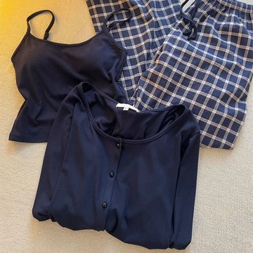 【限時下殺】韩版简约休闲慵懒风三件套睡衣女春秋新款可出门带胸垫一体家居服w716