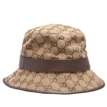 GUCCI 古馳 經典GG LOGO帆布皮革飾邊漁夫帽