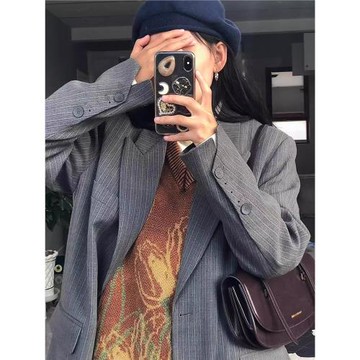 黑哥2025春秋季新款不規則條紋灰色西裝外套女小個子高級西服上衣
