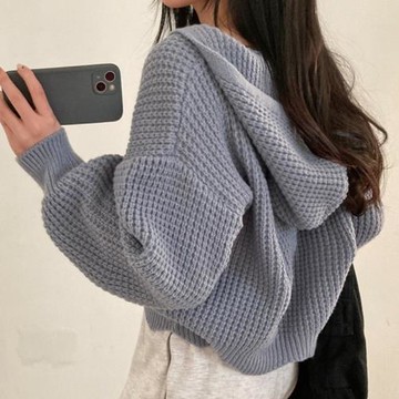 韓國chic秋冬慵懶寬松燈籠袖連帽針織開衫氣質拉鏈短款毛衣外套女