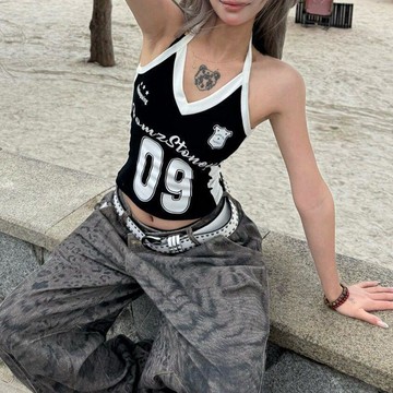 本土出貨  美式數字球 冰球服 橄欖服 美式球衣掛脖吊帶上衣女夏季數字印花修身無袖短款背心Y R