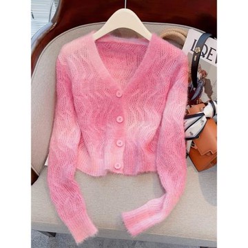 氣質外搭法式短款粉色V領針織開衫女2025新款秋洋氣減齡毛衣外套