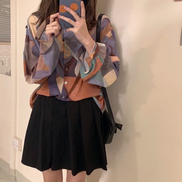 韓國chic氣質復古幾何紋雪紡襯衫寬松長袖襯衣女上衣1入