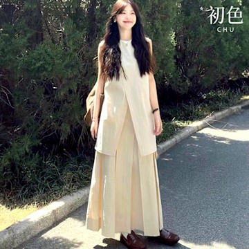 初色 新中式圓領無袖背心開叉襯衫上衣+鬆緊腰百褶半身裙長裙套裝-米杏色-12601(M-2XL可選)