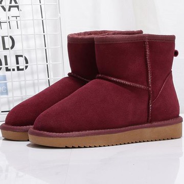 酒紅色雪地靴女士中老年媽媽鞋加絨保暖中邦棉鞋安哥拉紅面包鞋女