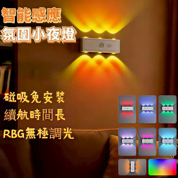 感應氛圍燈+RBG 人體感應燈 七彩漸變 氛圍小夜燈 臥室床頭 免佈線壁燈 墻燈 充電感應壁燈 裝飾燈 房間裝飾
