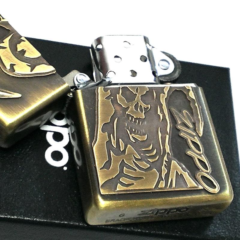 ZIPPO 死神 ジッポ ライター かっこいい ブラス 真鍮古美 立体メタル アンティークゴールド メンズ 御守り 渋い