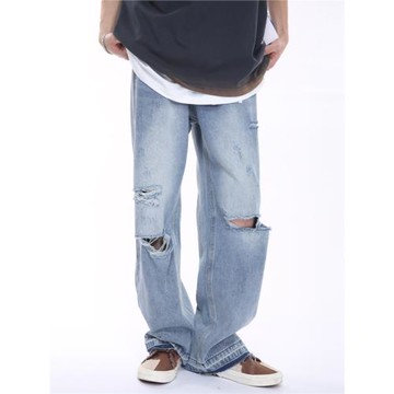 Voguo Relay 闊腿大破洞牛仔褲韓版中腰寬松拖地直筒褲男女同款