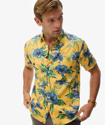 Superdry Men's Hawaiian Printed Shirt Yellow Size: M