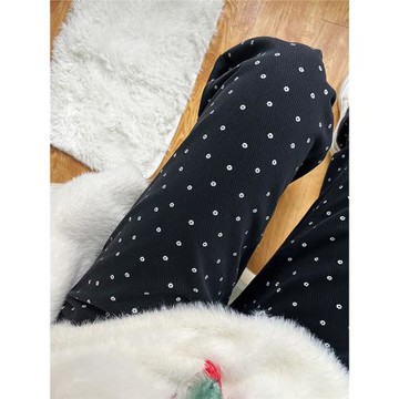 黑色復古波點牛仔褲女秋冬新款胖妹妹mm高腰顯瘦梨型身材闊腿長褲