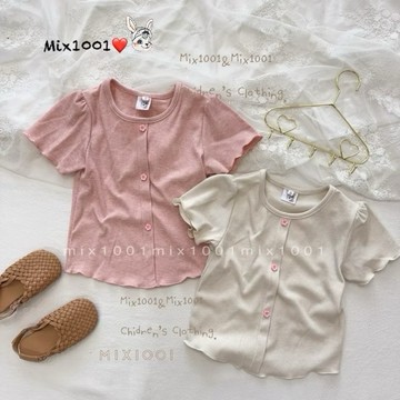 🌈✨mix1001日系 簡約粉紅花釦坑條上衣✨兒童軟Q坑條紋上衣5-17