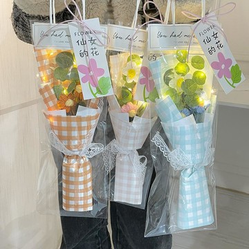 ❀【花中世界】❀小清新毛線花束手工編織泡芙花成品創意帶燈3.8婦女節禮物教師節