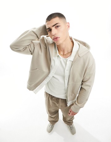 ASOS DESIGN heavyweight oversized zip through hoodie in beige-Neutral