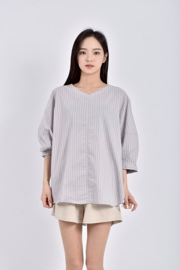 (2XL) muji質感棉質五分袖套衫條紋紫色短袖上衣