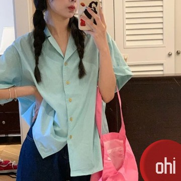 【ohi】新款鹽系條紋襯衫 設計感寬鬆休閒短袖襯衫 女生襯衫 短袖襯衫 襯衣 短袖上衣 女裝 GSX8000