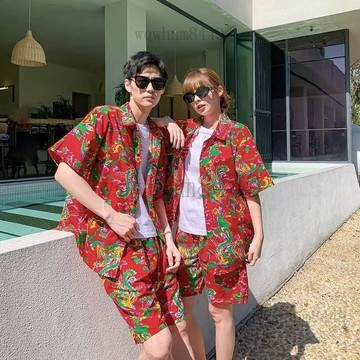 東北大花布襯衣時尚短袖原創衣服國潮高級東北大花襯衫姐妹搞笑 東北花衣襯衫款 情侶裝 團建聚會花衣套裝 花花衣 抽象套装