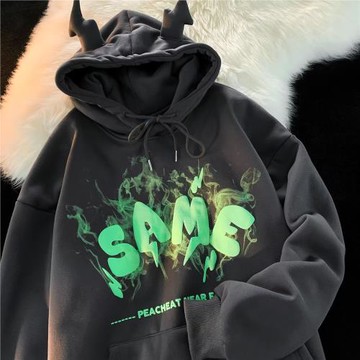 設計感小眾連帽衛衣男女秋冬日系小惡魔麋鹿角情侶高級感加絨外套