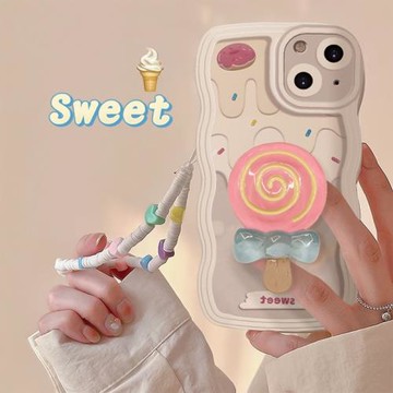 適用蘋果15promax手機殼棒棒糖支架iphone14plus保護套奶油愛心13鏈條12甜美11手鏈xs小眾xr仙女x個性16潮