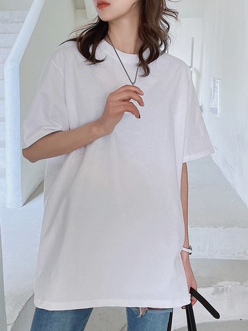 純棉白色T恤女圓領短袖新款中長款寬松打底衫上衣內搭ins潮