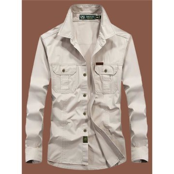 歐美春秋季長袖襯衫男寬松休閑純棉工裝多口袋襯衣加肥大碼上衣