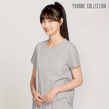 YVONNE 以旺傢飾 直條提花拼接短袖上衣-迷霧灰
