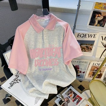 台灣出貨 粉色女童夏季新款短袖新款拼色卡通印花POLO翻領上衣休閑洋氣打底 女童上衣 女童polo杉 女童短袖