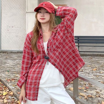 慵懶寬鬆百搭長袖格子襯衫外套(預購)vic005402