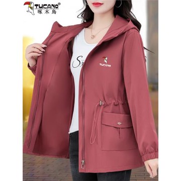 啄木鳥風衣外套女春秋款2025年新款中年媽媽寬松短款連帽夾克上衣