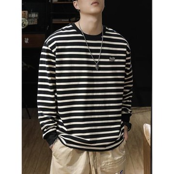 春秋新款320g純棉黑白條紋長袖t恤男大碼加肥加大男士衛衣打底衫