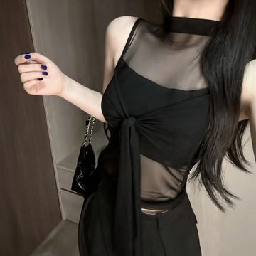 胖胖美依 背心 吊帶 美背 網紗拼接無袖吊帶背心女帶胸墊修身氣質絕美上衣薄顯瘦-15330.