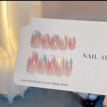 Yuki Nail橢圓多巴胺彩虹純手工穿戴甲夏天顯白學生貓眼高階ins美甲貼片