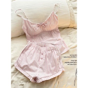 Sin Glee 粉色甜美蕾絲邊帶胸墊吊帶睡衣女春夏新款條紋家居服裝