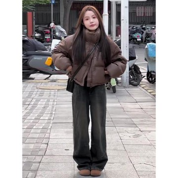 美式復古炸街pu皮羽絨服女短款2026年新款冬季加厚立領百搭面包服