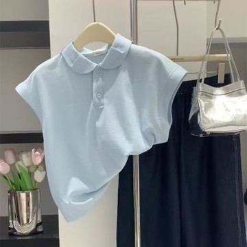 今年流行爆款淡藍色天絲棉混紡POLO衫女夏季薄款小飛袖冰絲針織衫