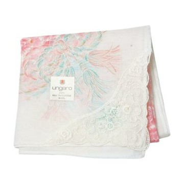 Ungaro 日本製100%棉白底粉牡丹圖案字母LOGO蕾絲帕巾(47CM)