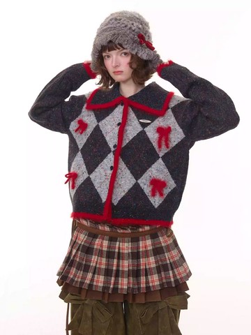 ziziFei秋冬復古學院感蝴蝶結菱格黑紅撞色娃娃領毛衣開衫外套女