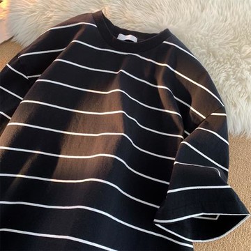 條紋純棉短袖t恤男夏季潮牌潮流寬松青少年百搭重磅圓領半袖男款