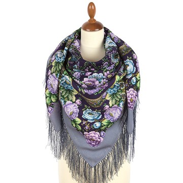 Pavlovo Posad 俄羅斯披肩 100% 羊毛圍巾包裹絲綢流蘇 125x125 厘米 2000-1