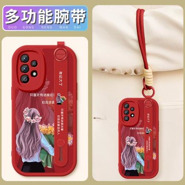 適用三星a55手機殼a54新款a53抱花女孩galaxya52腕帶斜挎掛繩外殼鏡頭防摔硅膠軟殼新年蛇年小羊皮高級保護套