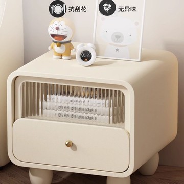 免運/開立發票 床頭柜奶油皮質床邊收納小型現代實木臥室簡約儲物柜新款兒童房 快速出貨