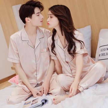 2025年夏季情侶睡衣冰絲短袖長褲開衫男女士純色家居服可外出套裝