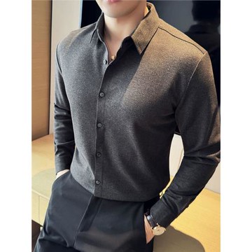 秋冬高端毛呢長袖襯衣磨毛加厚灰色寸衫高級感商務無痕保暖襯衫男