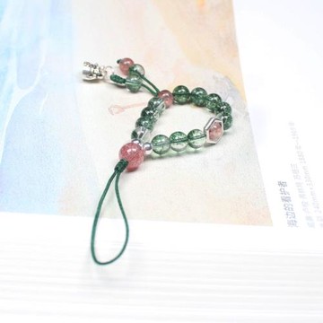 綠幽靈手機鏈短款草莓晶掛飾金發晶掛墜櫻花瑪瑙掛鏈水晶指環扣女