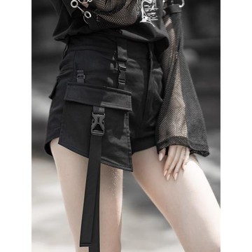 PUNK RAVE朋克街頭風黑色微寬松休閑短褲女原創工裝褲夏潮流顯瘦