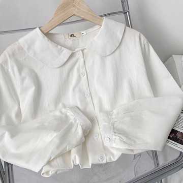 100%純棉百搭襯衫女新款秋冬設計感小眾娃娃領長袖上衣